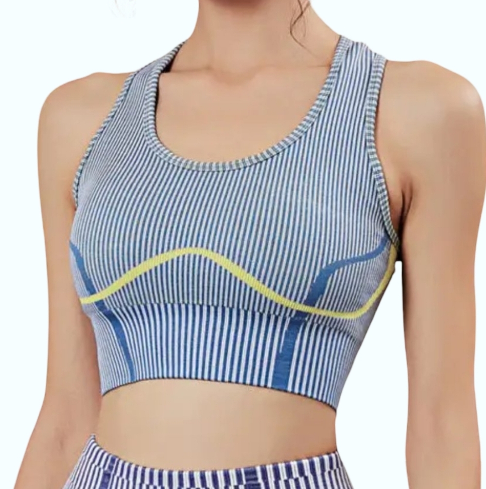 🍅Seamless Striped Blue & Yellow Ribbed Racerback Sports Bra